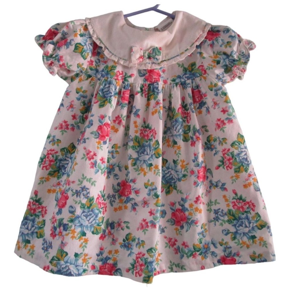 Rose Floral Print Bow Accent Puff Sleeve 24M Dress Vintage Catton Brothers GUC